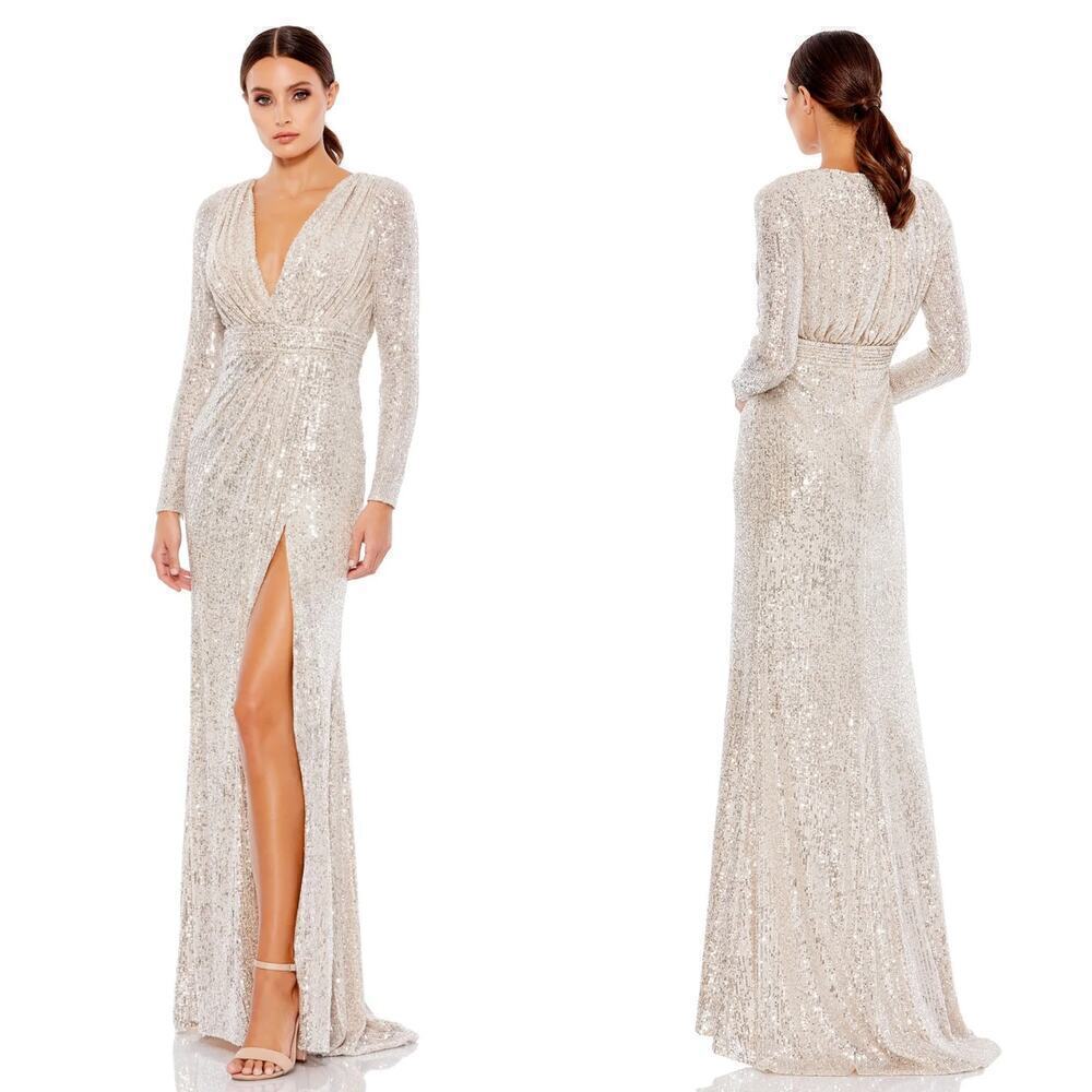 Ieena for Mac Duggal 26490 Gown Sequined Long Sleeve Hi Slit Maxi Dress NWT 12